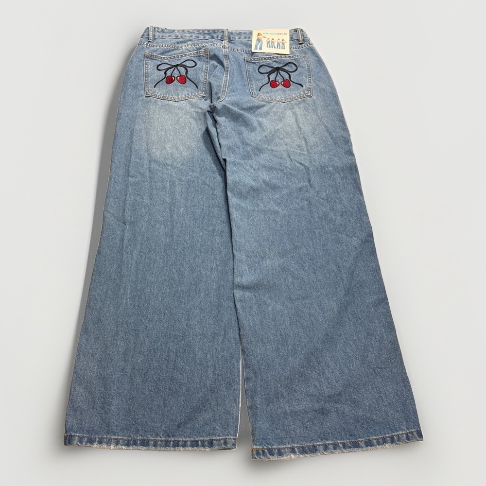 NWT Cherry Bow Embroidered Low Rise Baggy Wide Leg Jeans Pocket Denim 15/16 - Picture 7 of 8